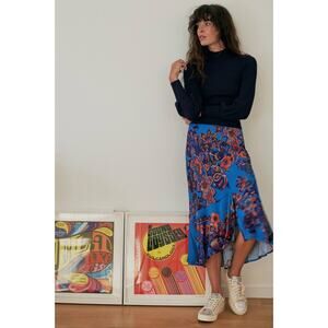 Anthropologie Maeve Janelle Bias Womens Skirt M Blue Coral Green Lightweight NWT